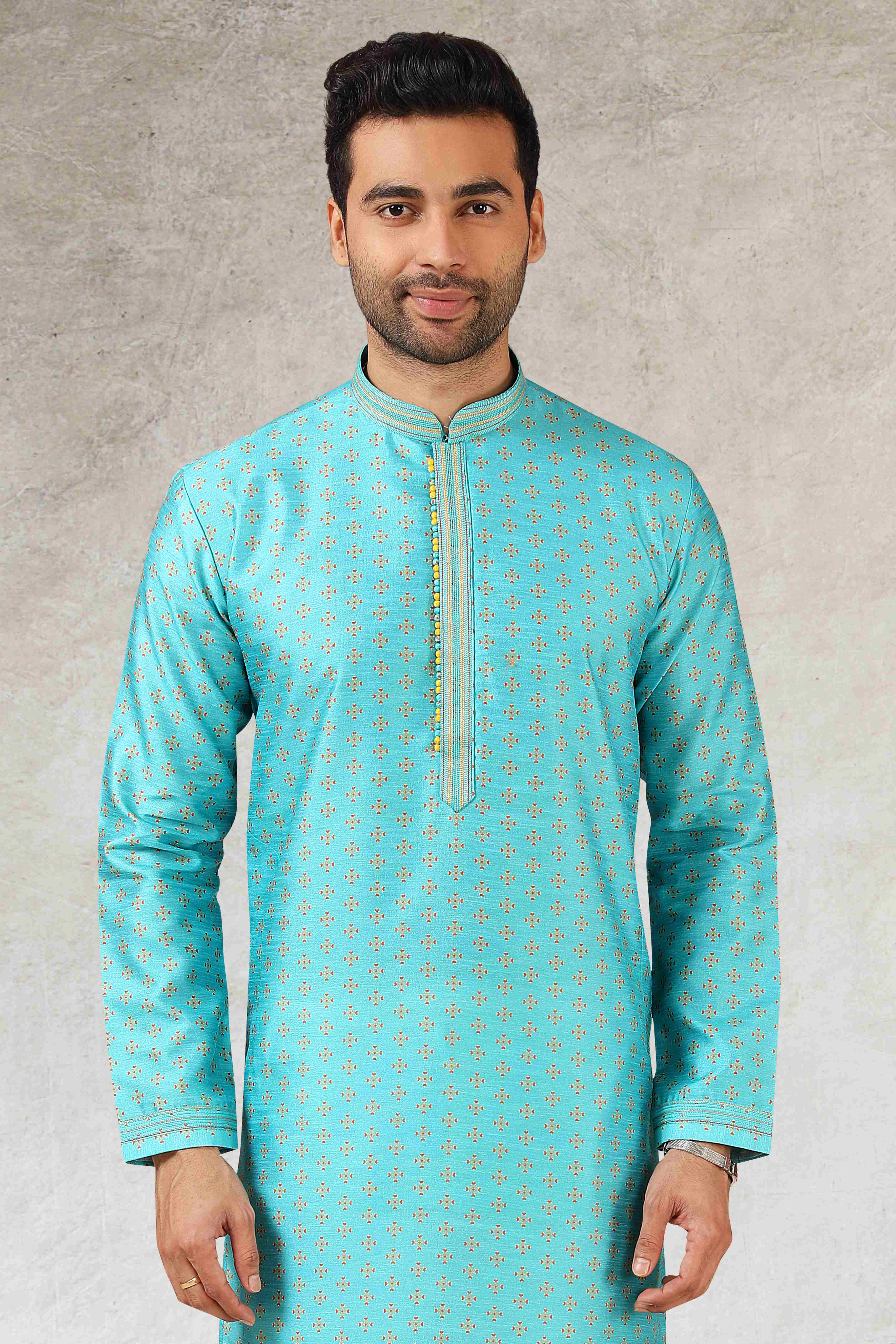 Raivat Ethnic Art Silk Printed Work Kurta Pajama In Sky Blue Colour