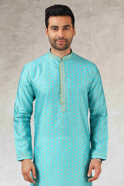 Raivat Ethnic Art Silk Printed Work Kurta Pajama In Sky Blue Colour - Distacart