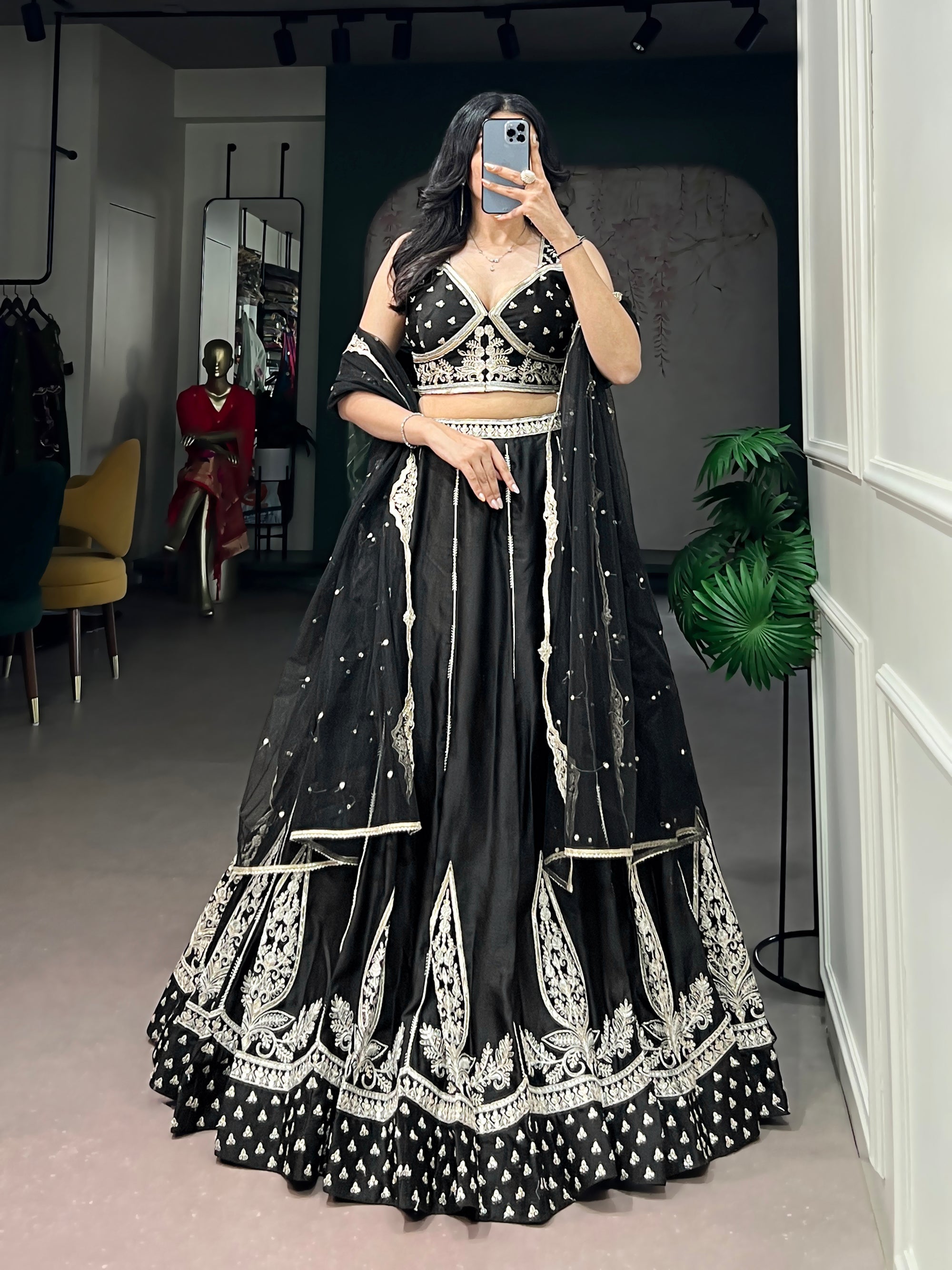 Lorenvalley Fashion Black Naysha Silk Fabric With Thread & Sequins Embroidery Work Lehenga Choli With Dupatta - Dista