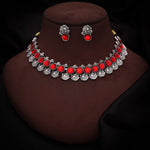 Thumbnail for Tehzeeb Creations Silver Plated Red Colour Stone Jewellery Choker Necklace Set With Matching Pair of Stud Earrings - Distacart