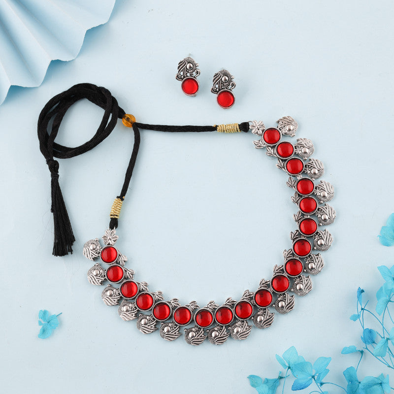 Tehzeeb Creations Silver Plated Red Colour Stone Jewellery Choker Necklace Set With Matching Pair of Stud Earrings - Distacart