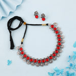 Thumbnail for Tehzeeb Creations Silver Plated Red Colour Stone Jewellery Choker Necklace Set With Matching Pair of Stud Earrings - Distacart