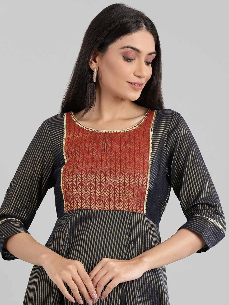 AURELIA Women Navy Blue Striped A-Line Ethnic Dress - Distacart