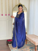 Thumbnail for The52 Blue Women's Beautiful Embroidered Vichitra Silk Fabric with Flared Kurta, Pant and Dupatta Set - Distacart