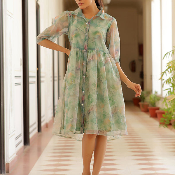 Vaasva Women Green Organza Marble Printed Dress - Distacart