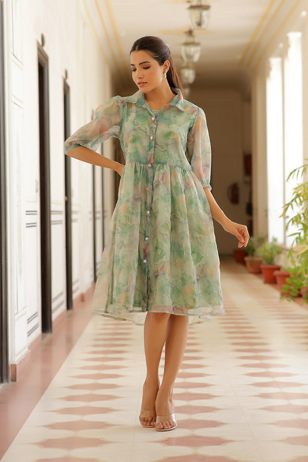 Vaasva Women Green Organza Marble Printed Dress - Distacart