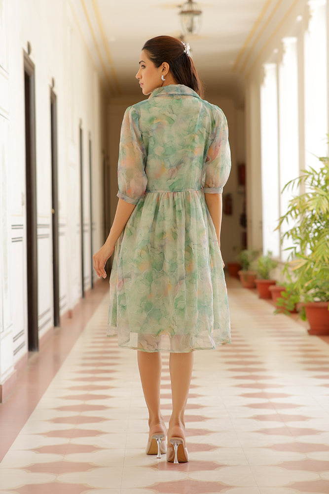 Vaasva Women Green Organza Marble Printed Dress - Distacart