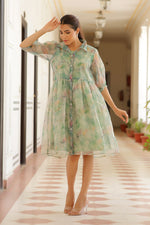 Thumbnail for Vaasva Women Green Organza Marble Printed Dress - Distacart