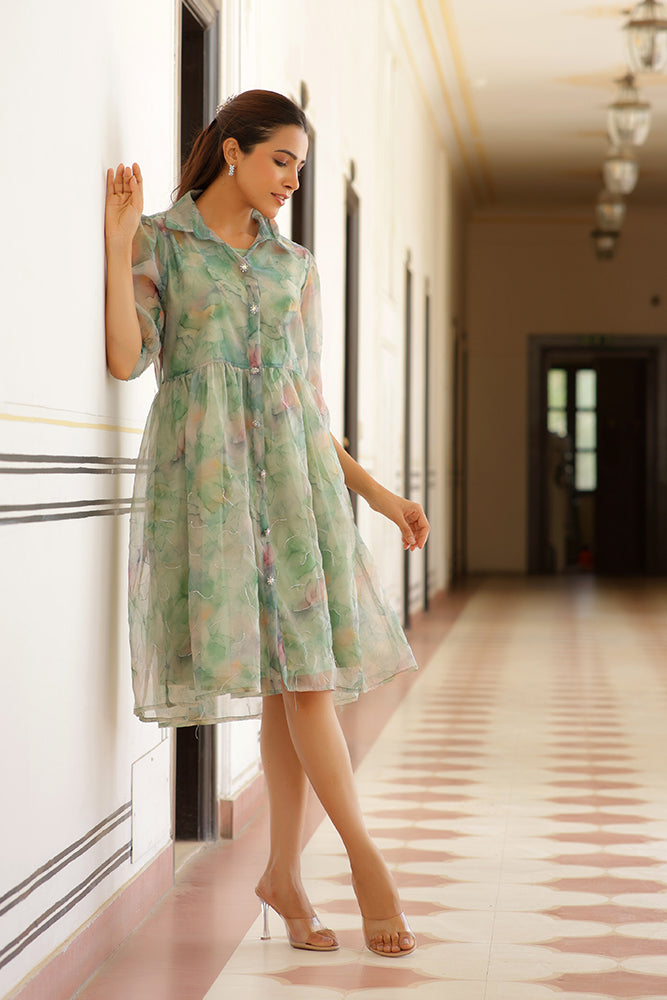 Vaasva Women Green Organza Marble Printed Dress - Distacart