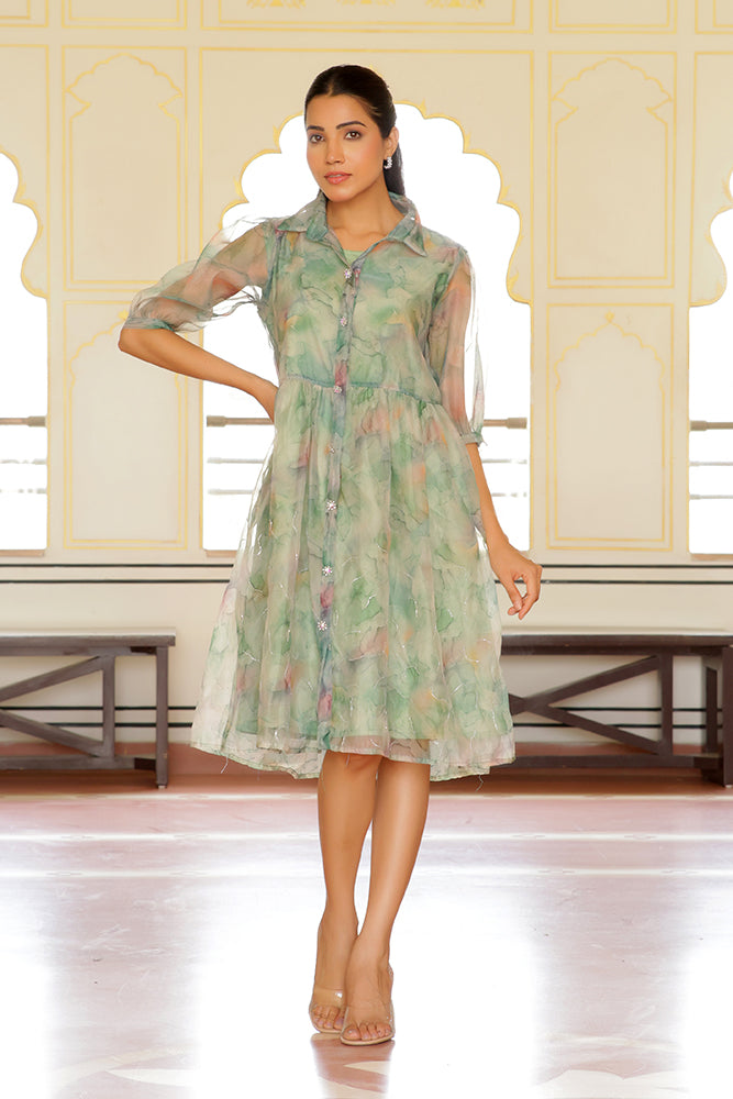 Vaasva Women Green Organza Marble Printed Dress - Distacart