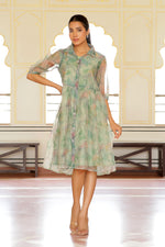 Thumbnail for Vaasva Women Green Organza Marble Printed Dress - Distacart