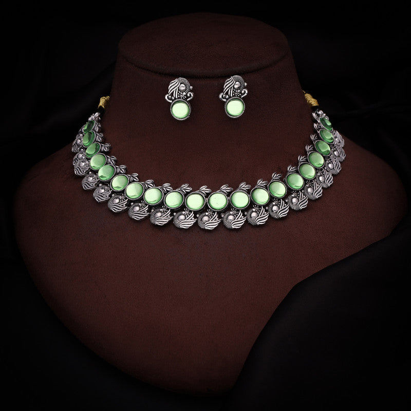Tehzeeb Creations Silver Plated See Green Colour Stone Jewellery Choker Necklace Set With Matching Pair of Stud Earrings - Distacart