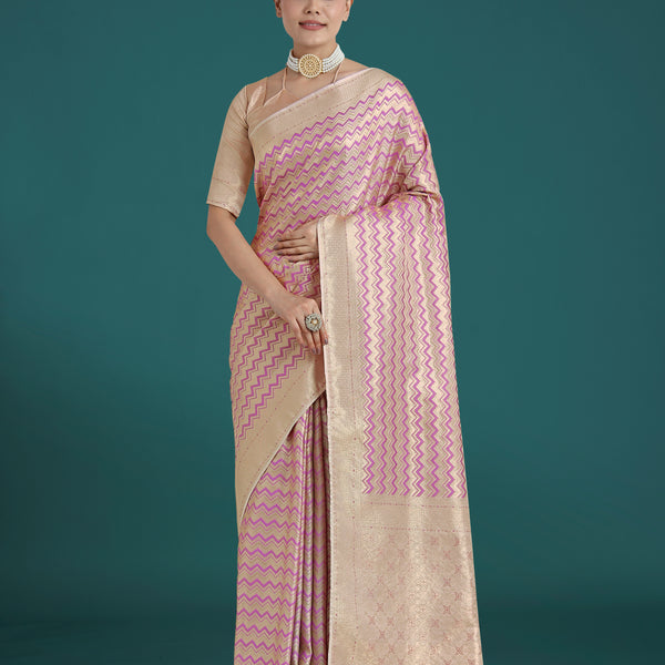 Monjolika Fashion Wonderful Light Lilac Soft Banarasi Satin Silk Leheriya Design Saree - Distacart