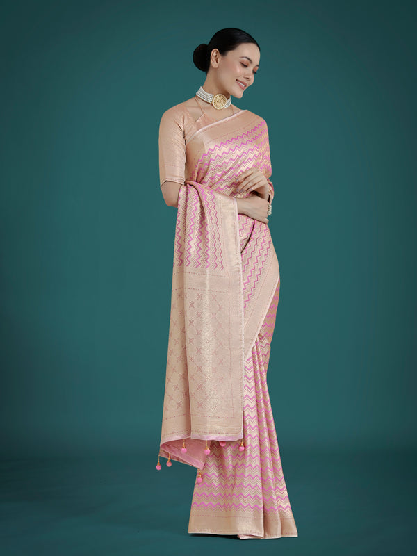 Monjolika Fashion Wonderful Light Lilac Soft Banarasi Satin Silk Leheriya Design Saree