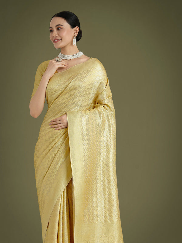 Monjolika Fashion Wonderful Light Yellow Soft Banarasi Satin Silk Leheriya Design Saree