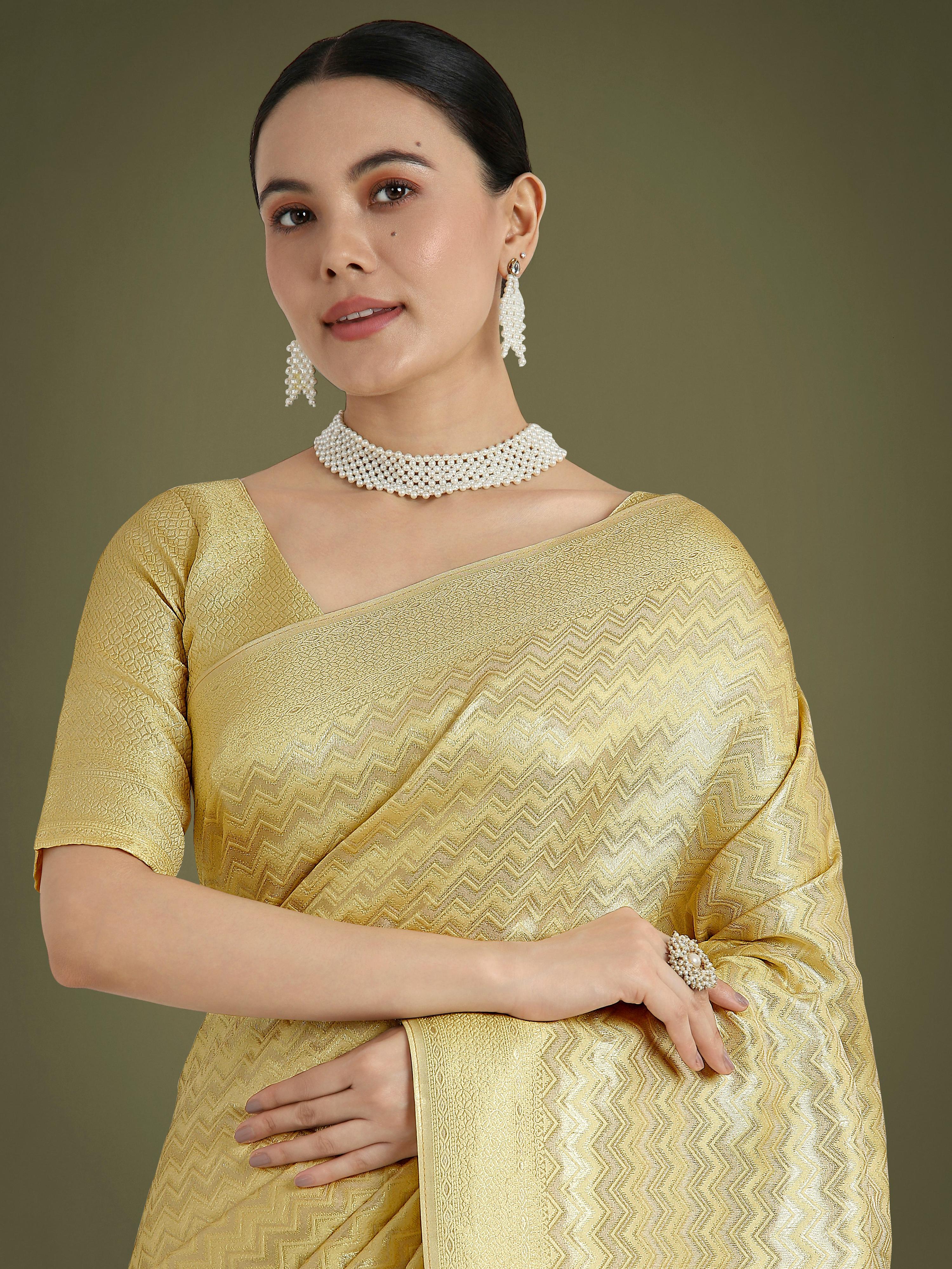 Monjolika Fashion Wonderful Light Yellow Soft Banarasi Satin Silk Leheriya Design Saree