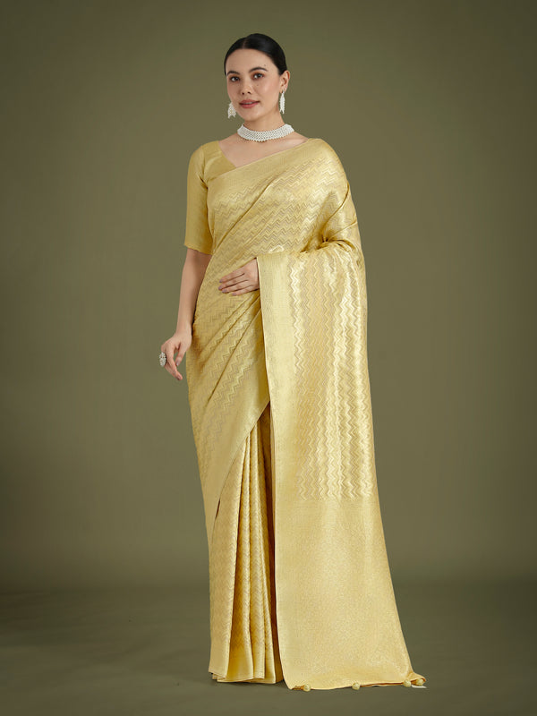 Monjolika Fashion Wonderful Light Yellow Soft Banarasi Satin Silk Leheriya Design Saree