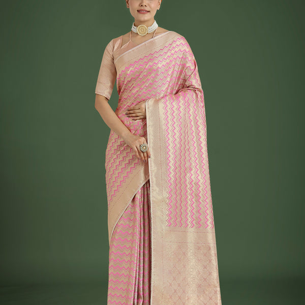 Monjolika Fashion Wonderful Light Pink Soft Banarasi Satin Silk Leheriya Design Saree - Distacart