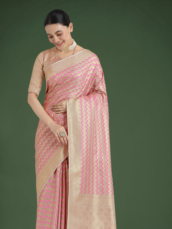 Monjolika Fashion Wonderful Light Pink Soft Banarasi Satin Silk Leheriya Design Saree