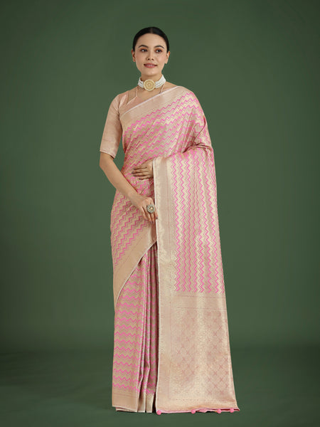 Monjolika Fashion Wonderful Light Pink Soft Banarasi Satin Silk Leheriya Design Saree