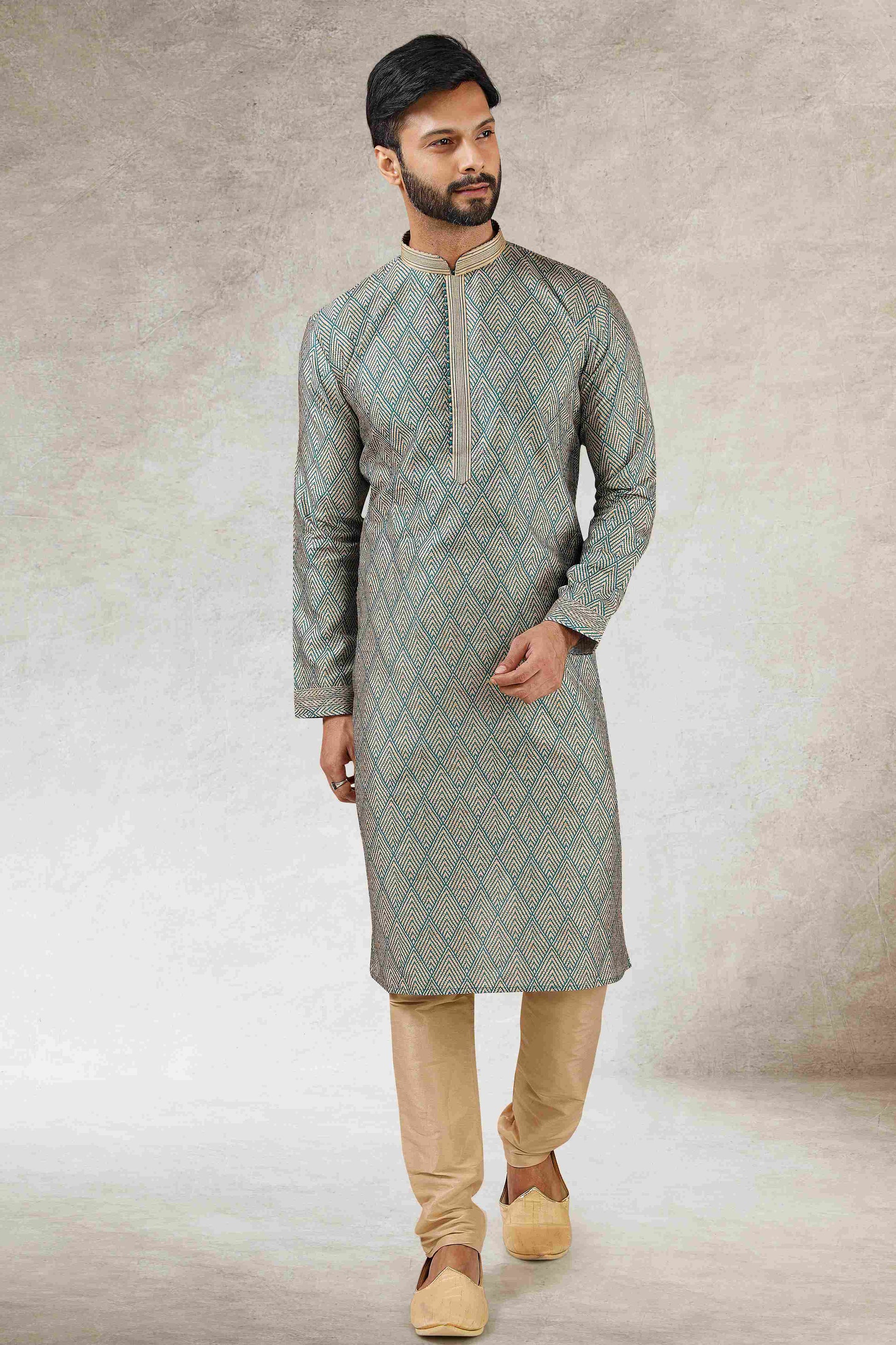Raivat Ethnic Art Silk Printed Work Kurta Pajama In Green Colour - Distacart