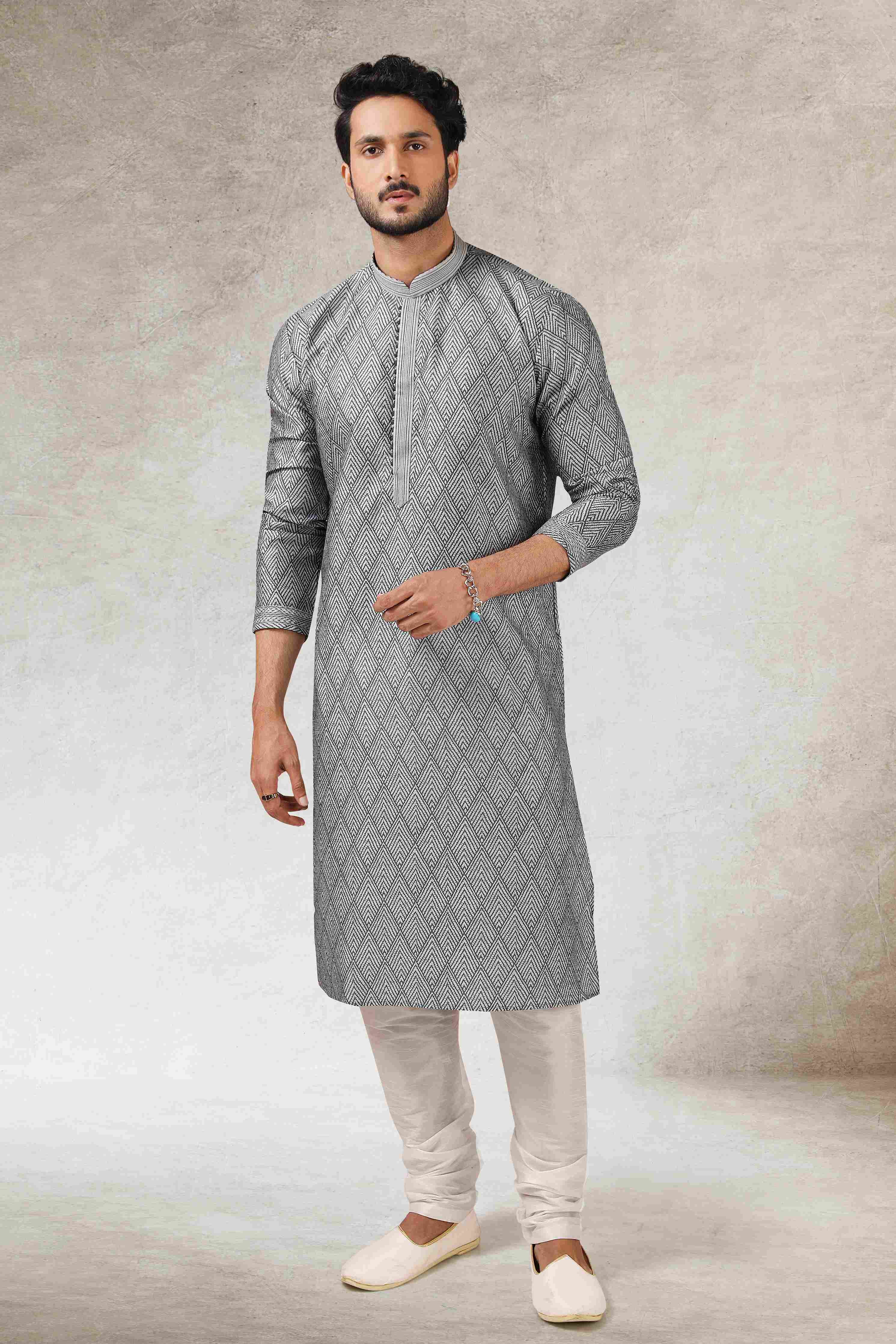 Raivat Ethnic Art Silk Printed Work Kurta Pajama In Grey Black Colour