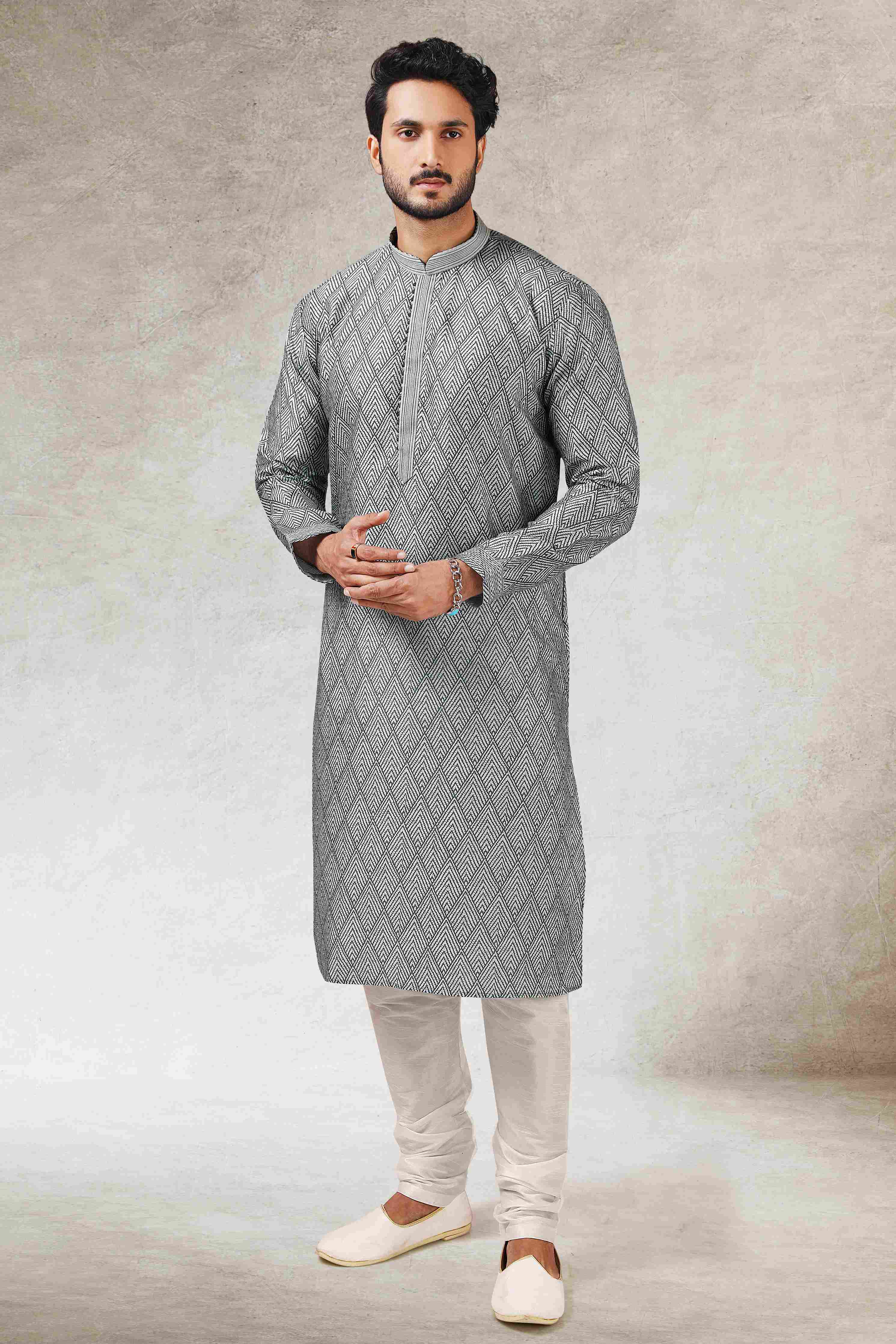 Raivat Ethnic Art Silk Printed Work Kurta Pajama In Grey Black Colour