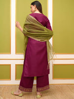 Thumbnail for Vishudh Pink Ethnic Motifs Yoke Design Foil Printed Straight Kurta & Palazzos With Dupatta