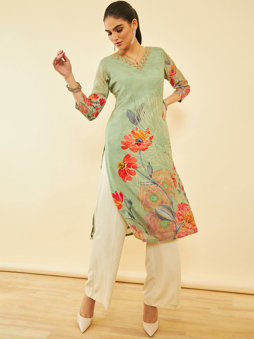 Soch Floral Embroidered Flared Sleeves Thread Work Anarkali Kurta - Distacart