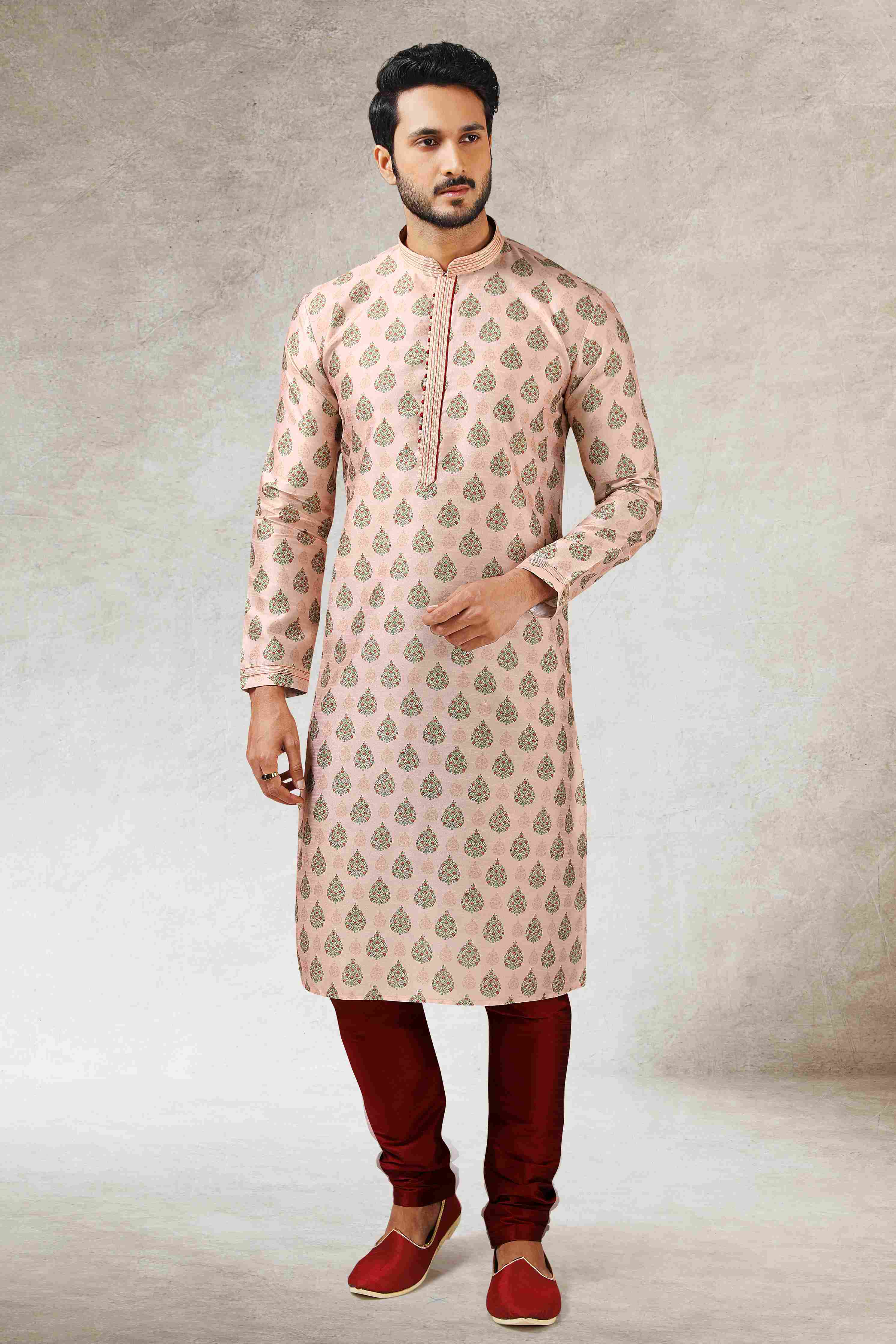 Raivat Ethnic Art Silk Printed Work Kurta Pajama In Peach Colour - Distacart