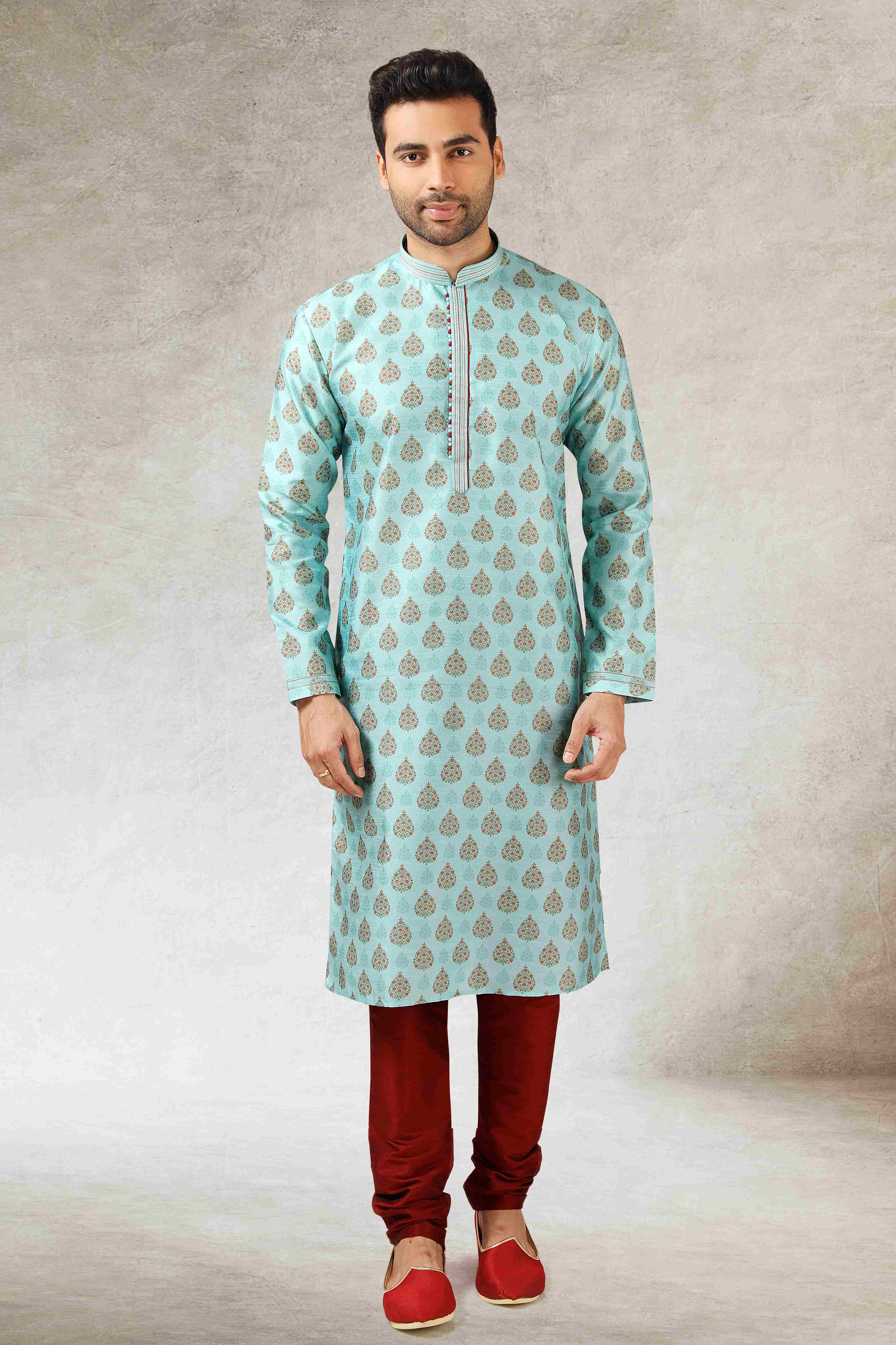 Raivat Ethnic Art Silk Printed Work Kurta Pajama In Pista Green Colour - Distacart