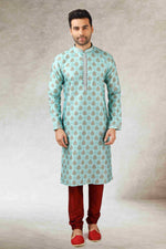 Thumbnail for Raivat Ethnic Art Silk Printed Work Kurta Pajama In Pista Green Colour - Distacart