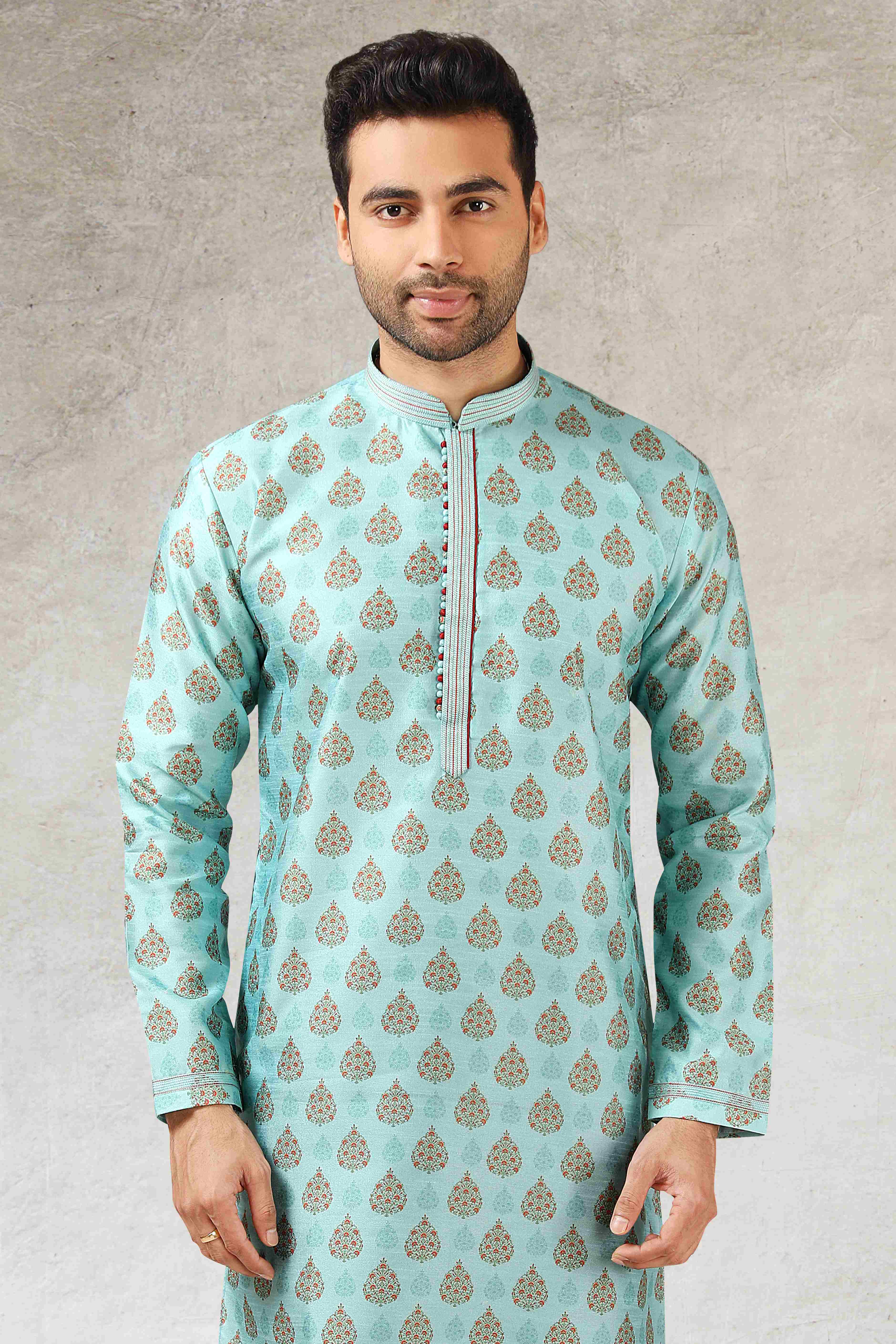 Raivat Ethnic Art Silk Printed Work Kurta Pajama In Pista Green Colour - Distacart