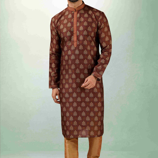 Raivat Ethnic Art Silk Printed Work Kurta Pajama In Brown Colour - Distacart