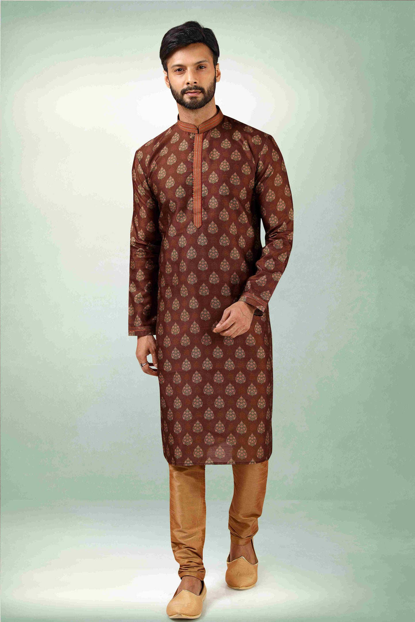Raivat Ethnic Art Silk Printed Work Kurta Pajama In Brown Colour - Distacart