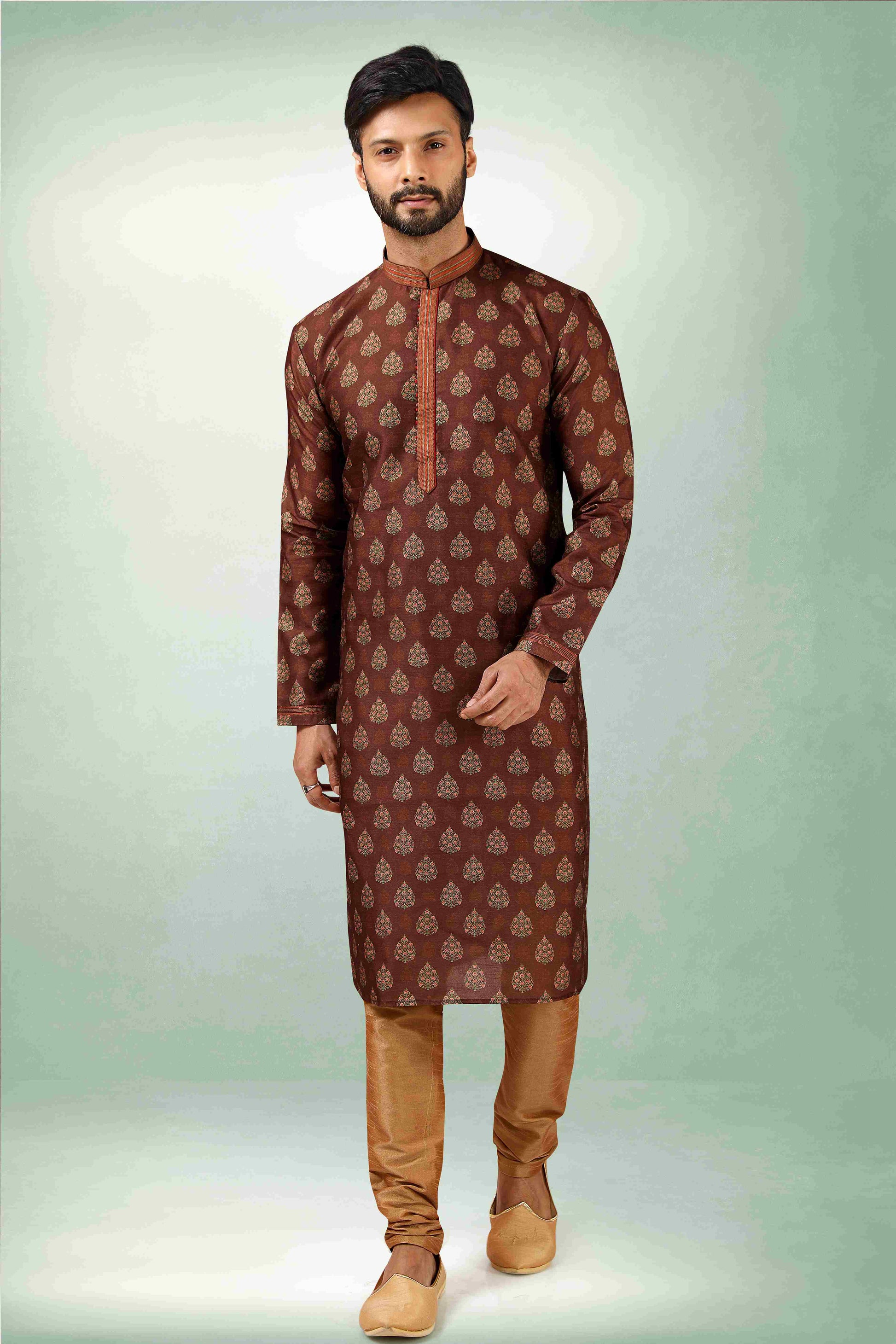 Raivat Ethnic Art Silk Printed Work Kurta Pajama In Brown Colour - Distacart