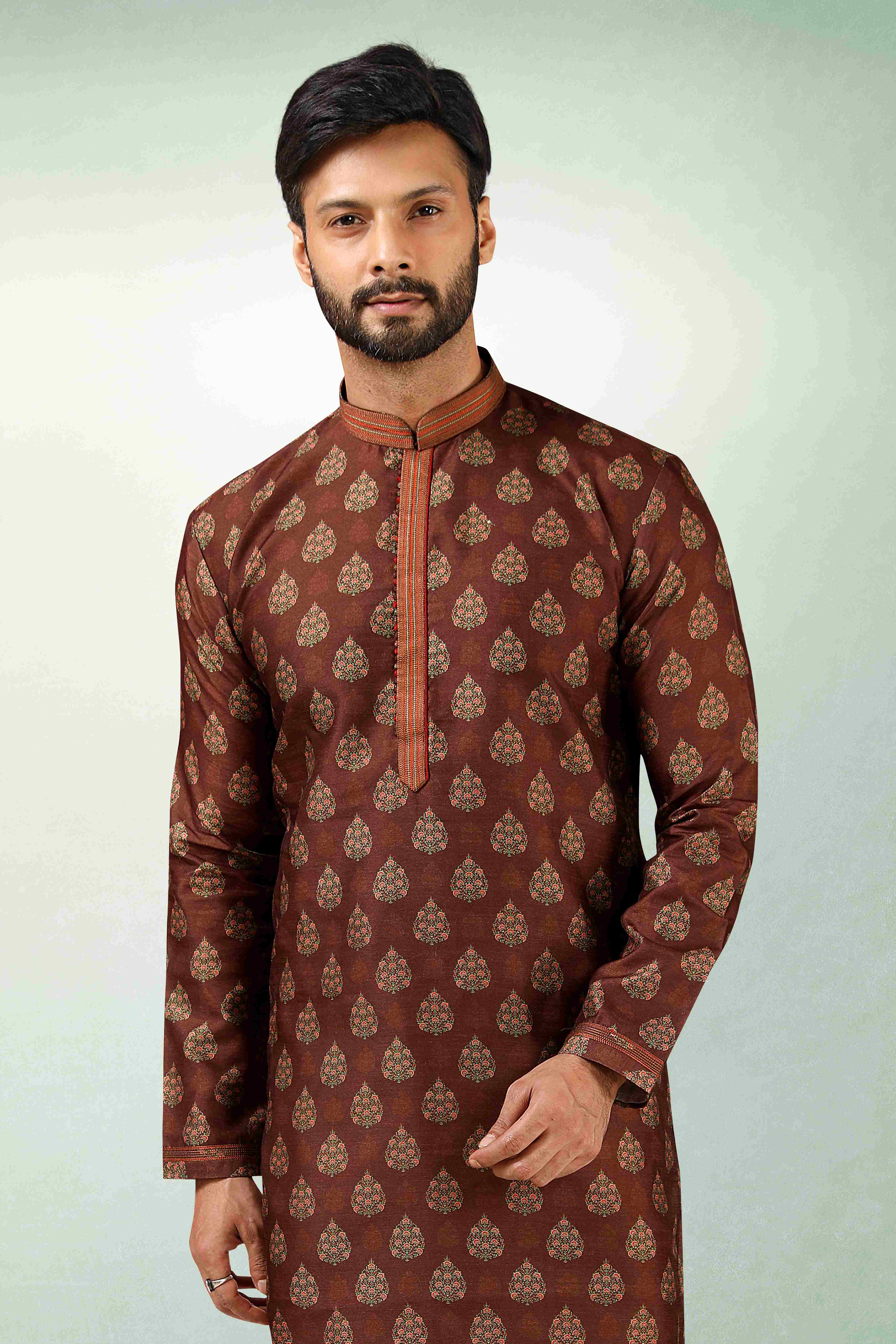 Raivat Ethnic Art Silk Printed Work Kurta Pajama In Brown Colour - Distacart