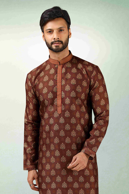 Raivat Ethnic Art Silk Printed Work Kurta Pajama In Brown Colour - Distacart