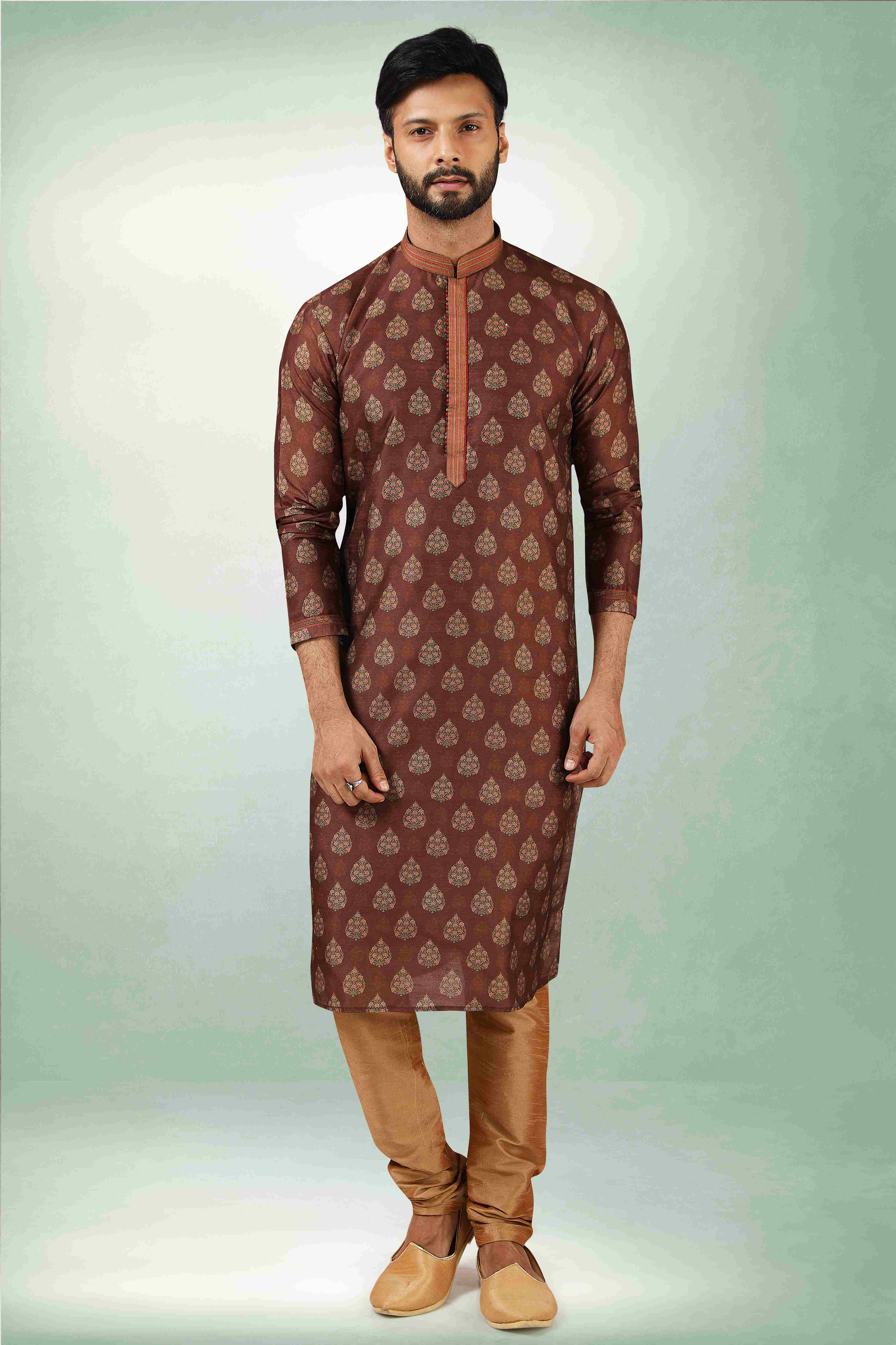 Raivat Ethnic Art Silk Printed Work Kurta Pajama In Brown Colour - Distacart