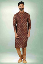 Thumbnail for Raivat Ethnic Art Silk Printed Work Kurta Pajama In Brown Colour - Distacart