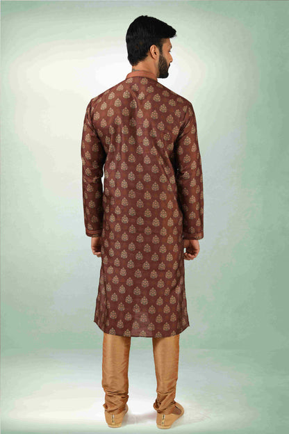 Raivat Ethnic Art Silk Printed Work Kurta Pajama In Brown Colour - Distacart