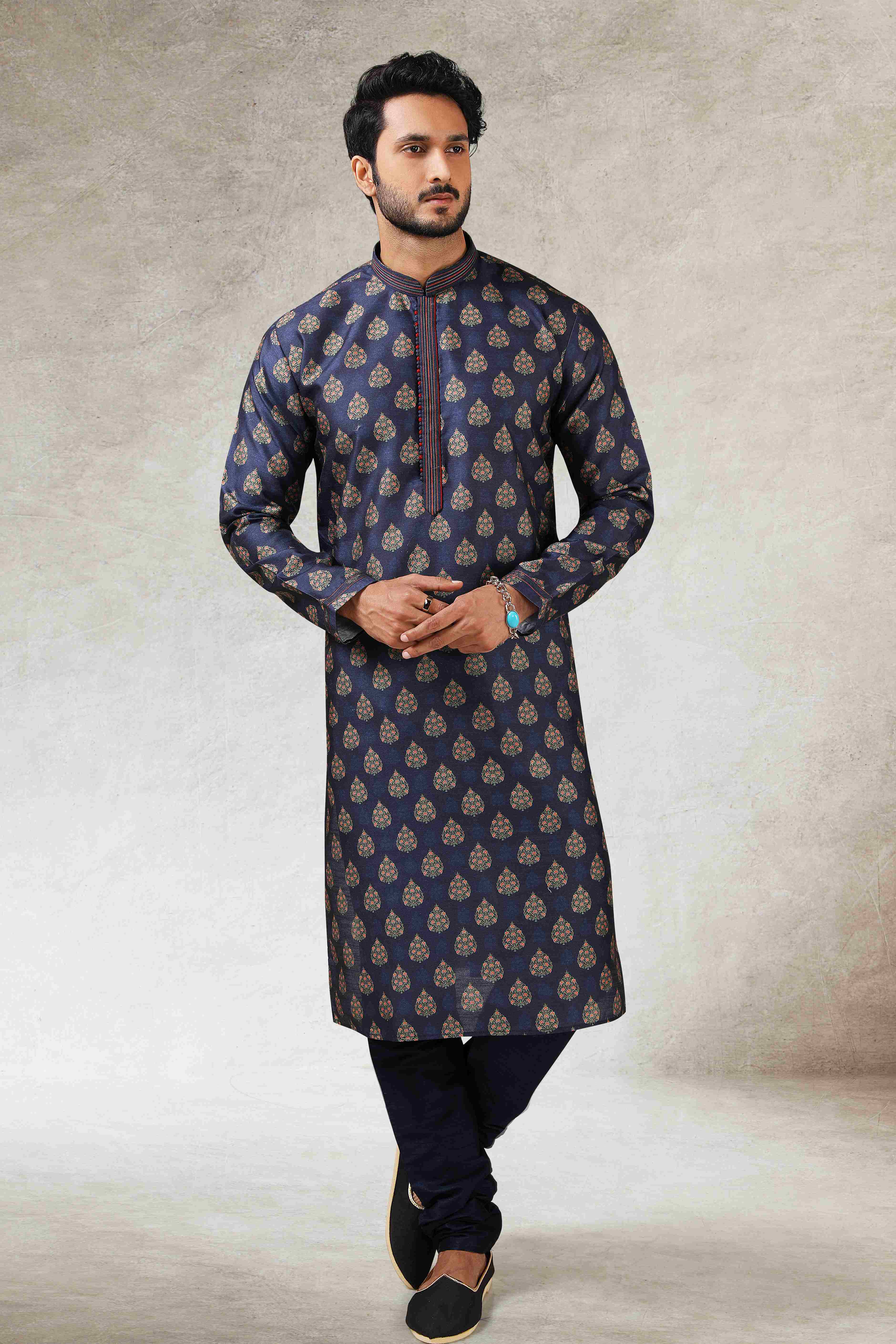 Raivat Ethnic Art Silk Printed Work Kurta Pajama In Blue Colour - Distacart