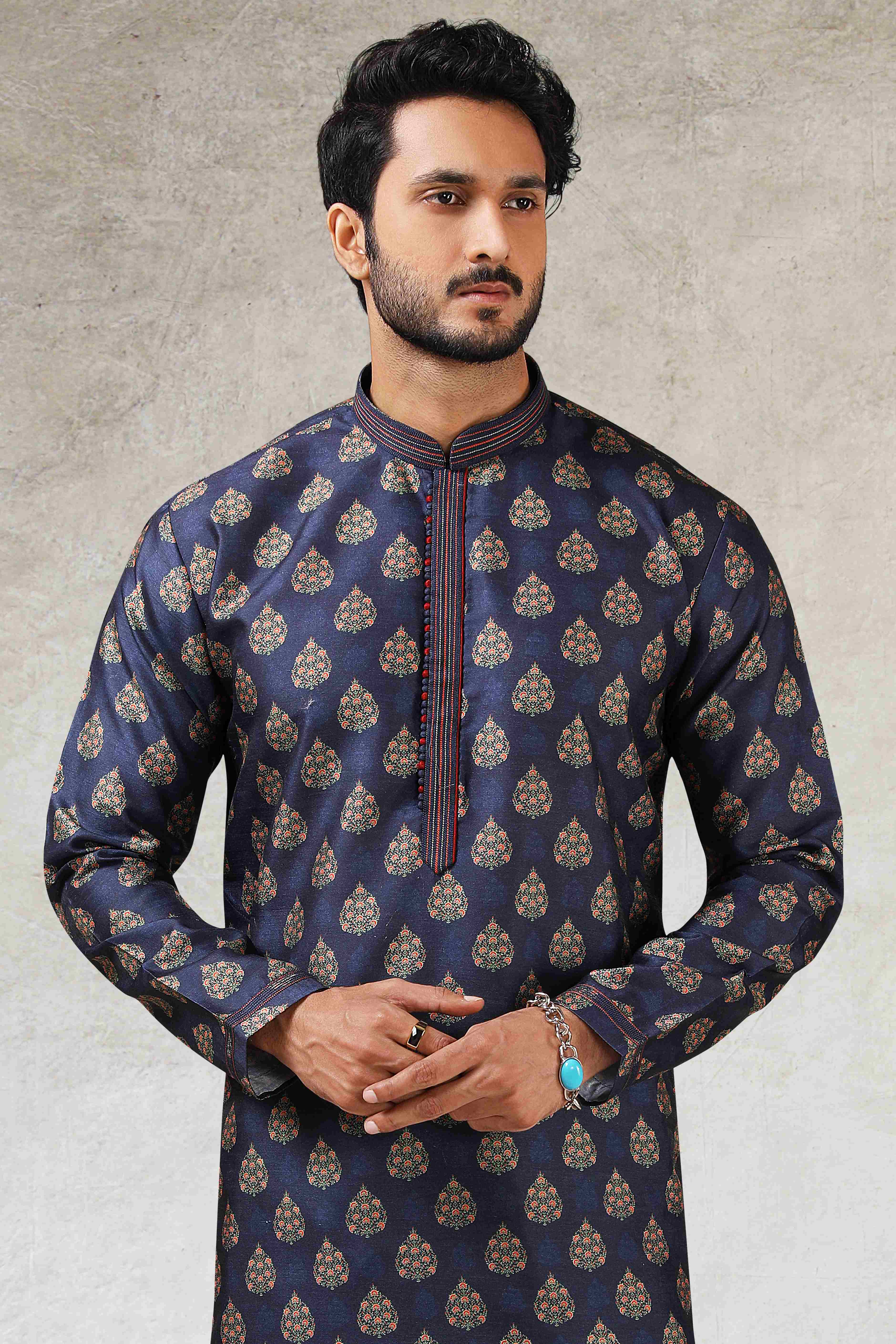 Raivat Ethnic Art Silk Printed Work Kurta Pajama In Blue Colour - Distacart
