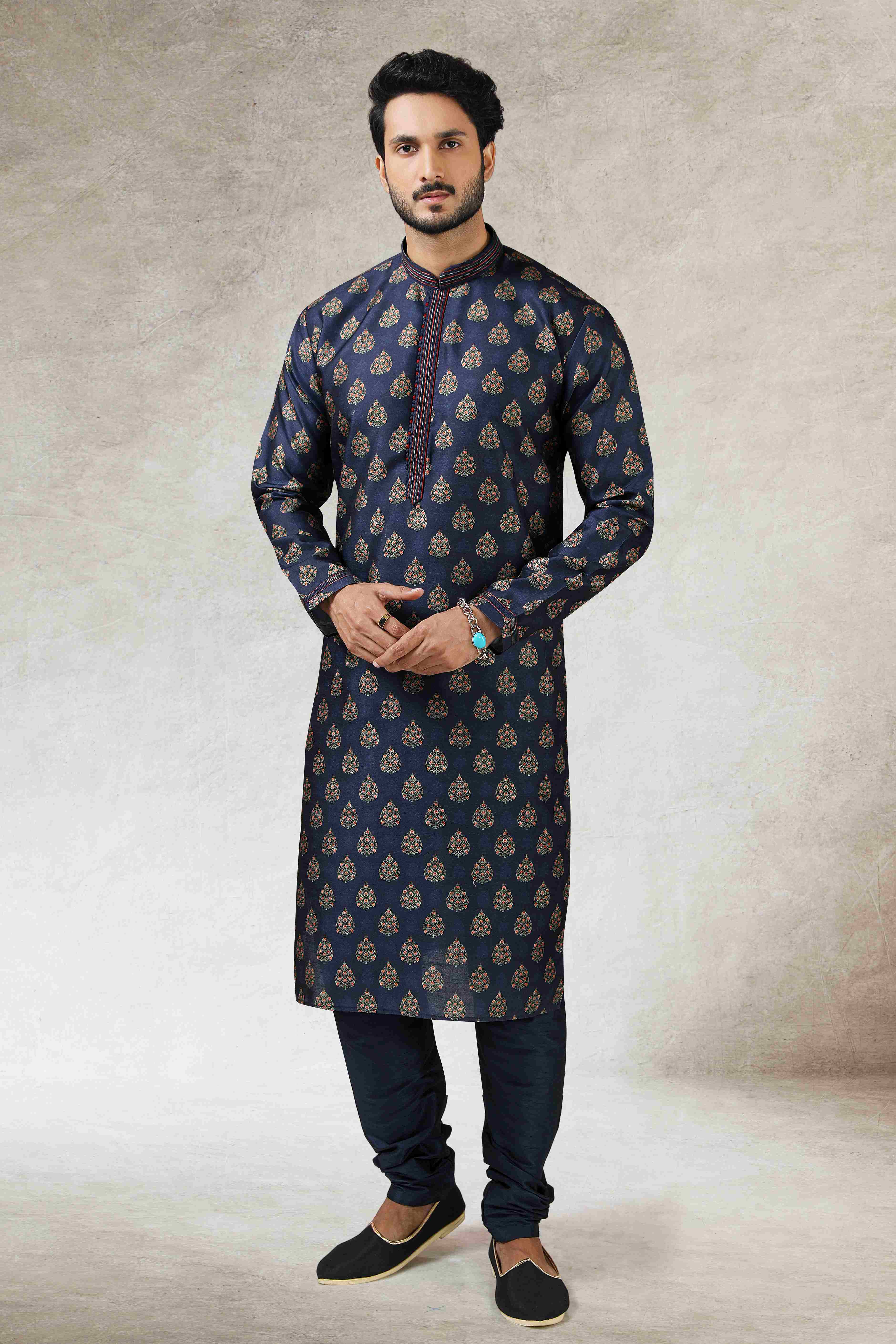 Raivat Ethnic Art Silk Printed Work Kurta Pajama In Blue Colour - Distacart