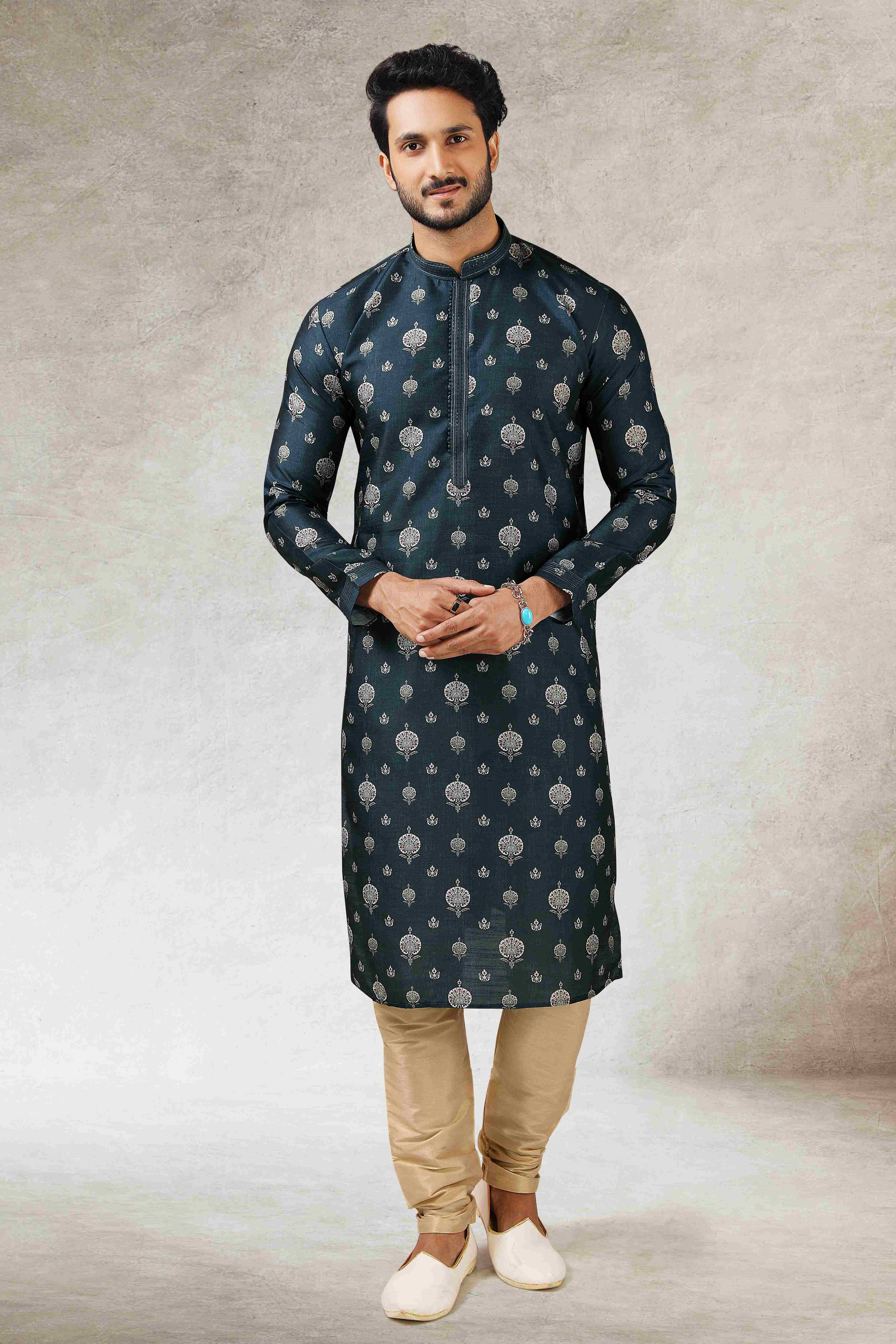 Raivat Ethnic Art Silk Printed Work Kurta Pajama In Teal Green Colour