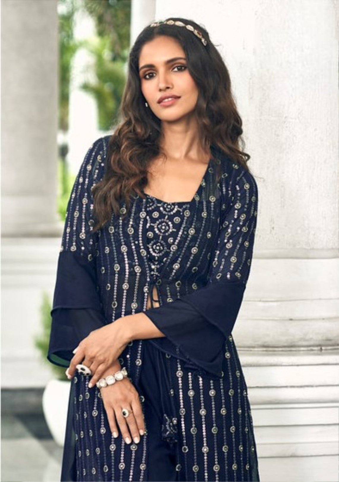 Anaita Navy Georgette Stitched Shrug Suit With Sequence Thread Work - Distacart