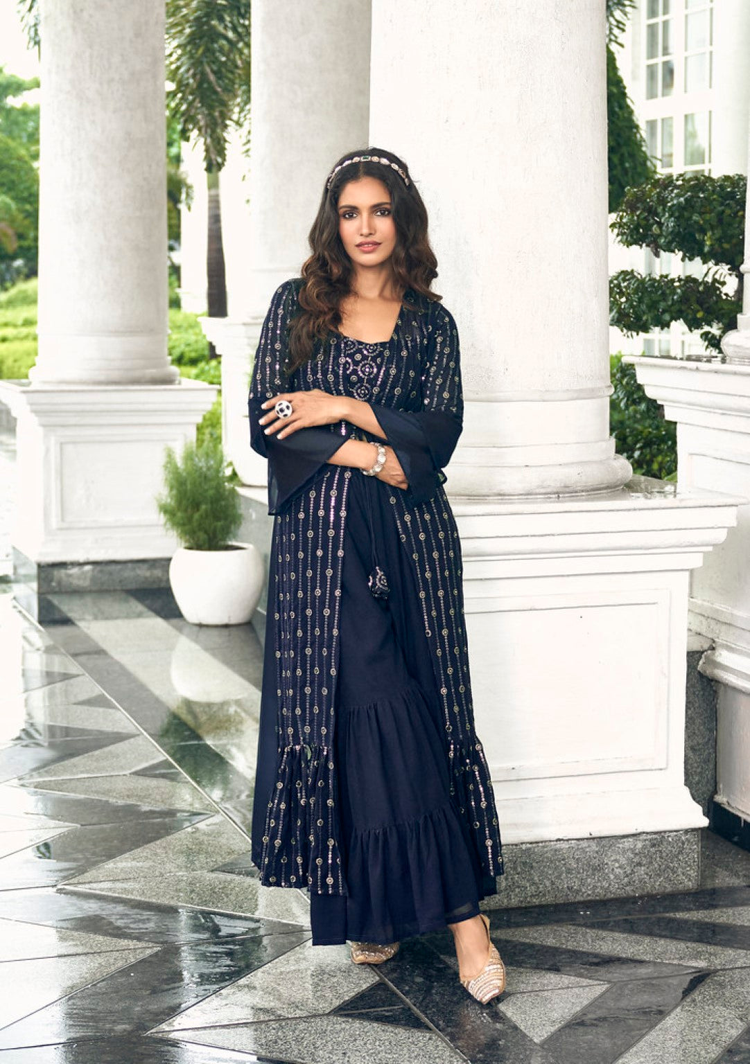 Anaita Navy Georgette Stitched Shrug Suit With Sequence Thread Work - Distacart