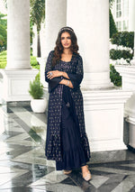 Thumbnail for Anaita Navy Georgette Stitched Shrug Suit With Sequence Thread Work - Distacart