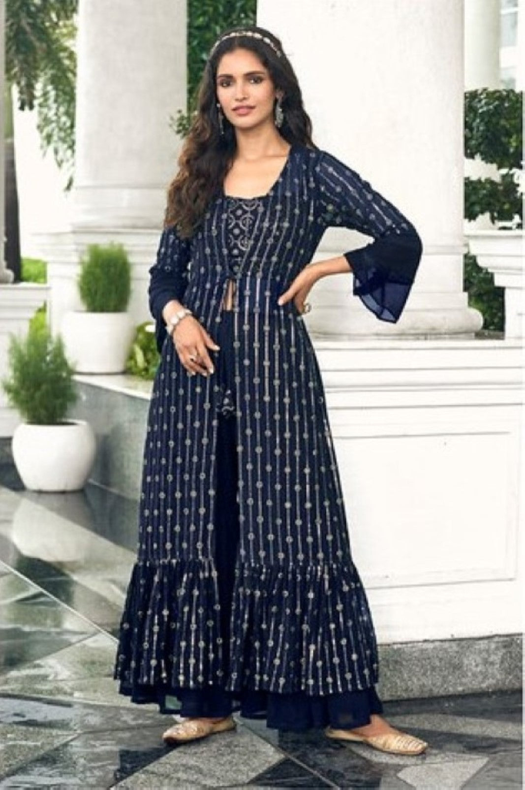 Anaita Navy Georgette Stitched Shrug Suit With Sequence Thread Work - Distacart