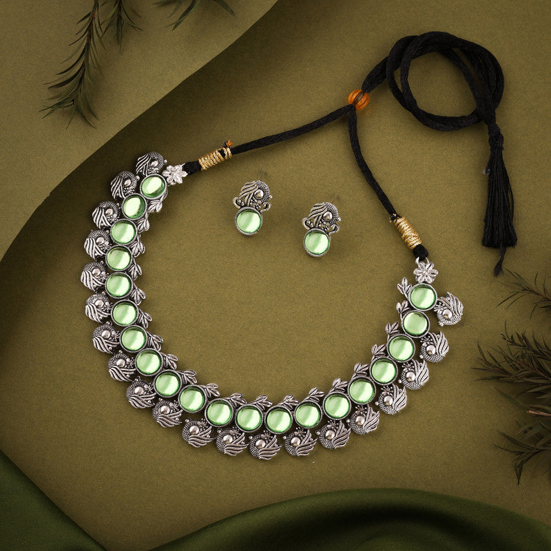 Tehzeeb Creations Silver Plated See Green Colour Stone Jewellery Choker Necklace Set With Matching Pair of Stud Earrings - Distacart